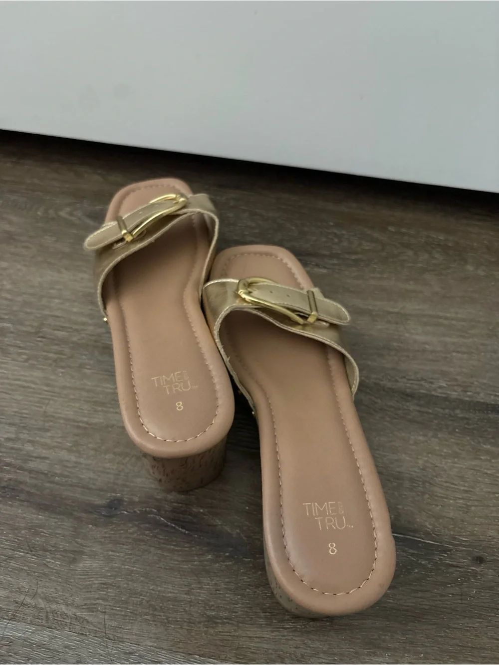 Gold Metallic Wedge Slide Sandals with Buckle